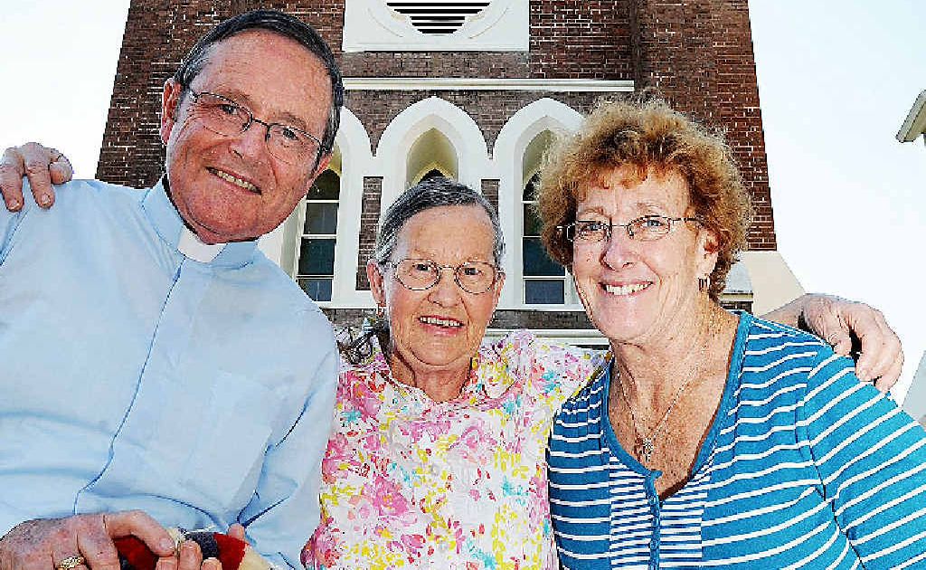 Father Jim McPherson, Bell Tower captain Ruth Andersen and Charmaine Smith, armed with the bell ropes, are counting the days until the bells return to Maryborough. Father Jim McPherson, Bell Tower captain Ruth Andersen and Charmaine Smith, armed with the bell ropes, are counting the days until the bells return to Maryborough.
